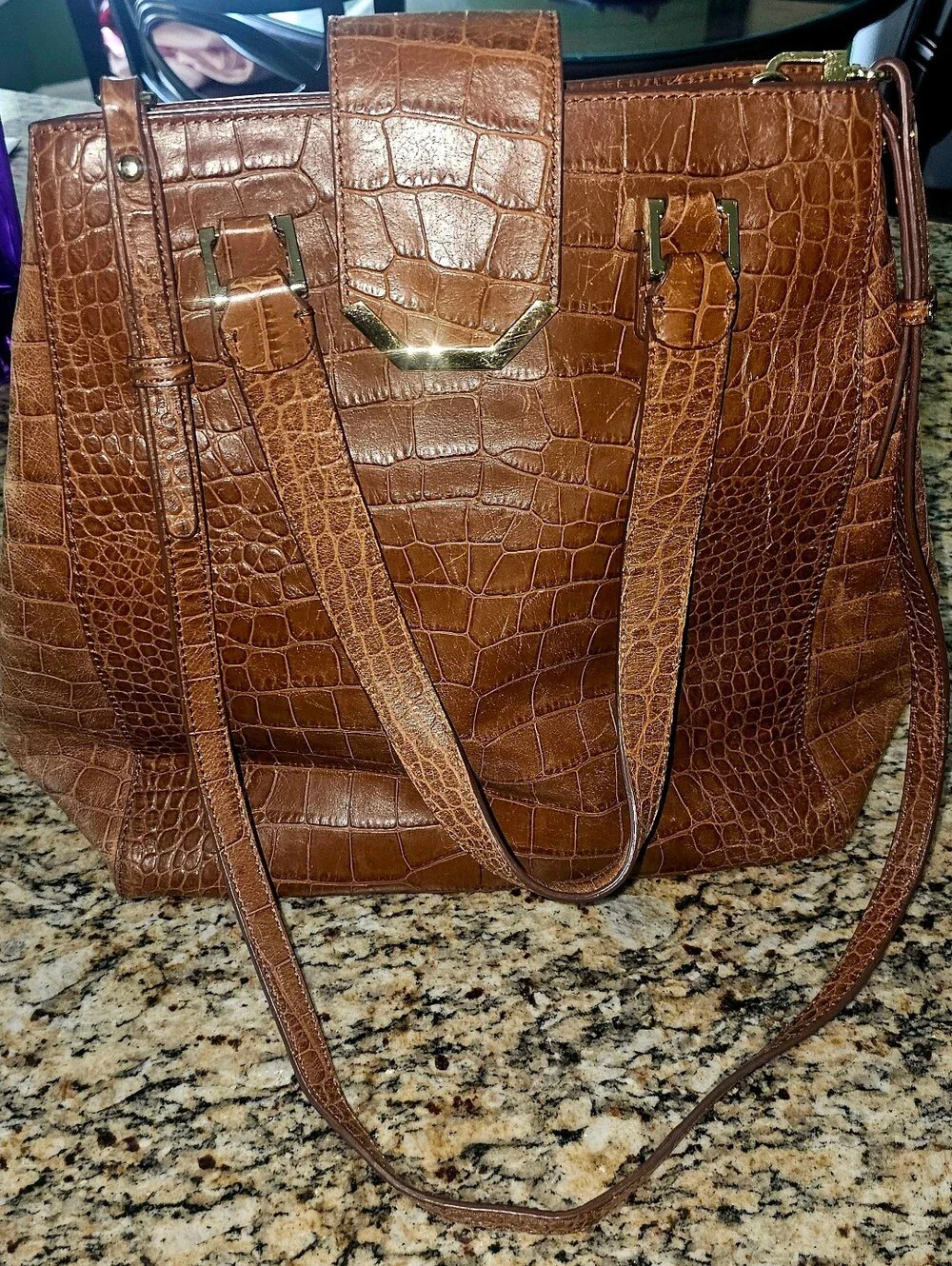 Brooks Brothers Crocodile-Embossed Leather Tote, characterized brown Leather